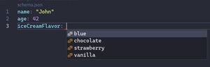 Screenshot of Visual Studio Code displaying the person YAML and an autocompletion window for the values of the iceCreamFlavor field.